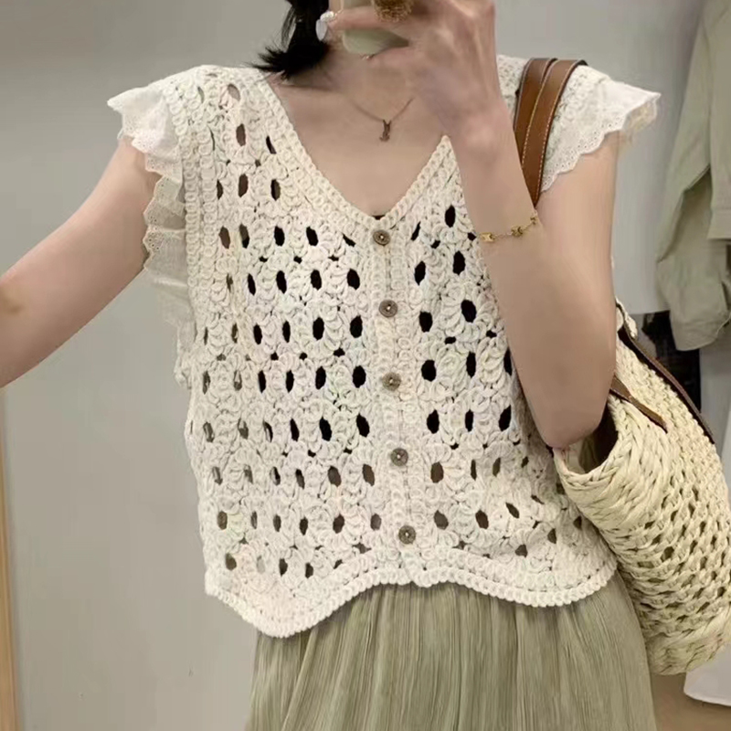 Crochet Top Boho - Rompi Rajutan Potongan Ruffle Kancing Atas