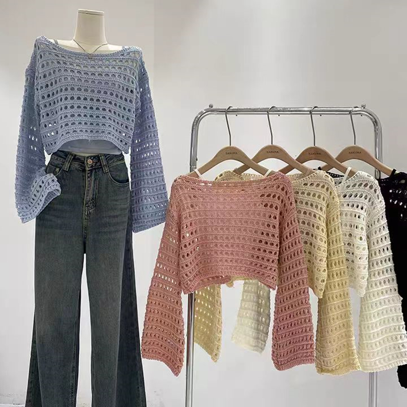 Crochet Top Boho - Atasan rajut rajut lengan panjang penutup