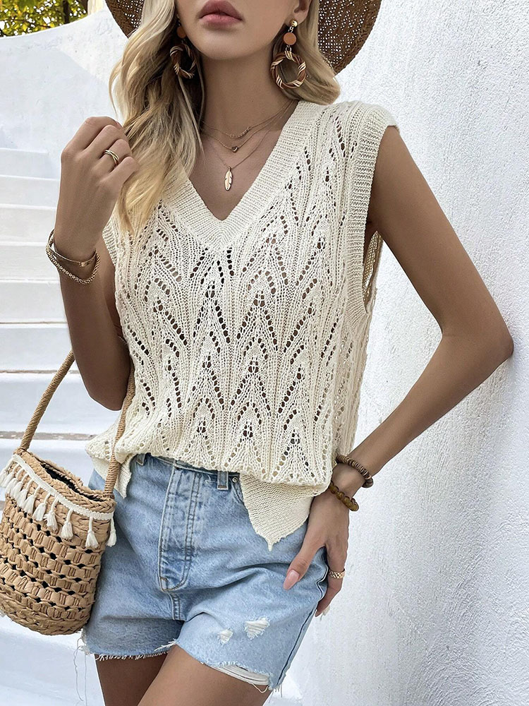 Crochet Top Boho - Atasan Rompi Rajut Beige Wanita, Kerah