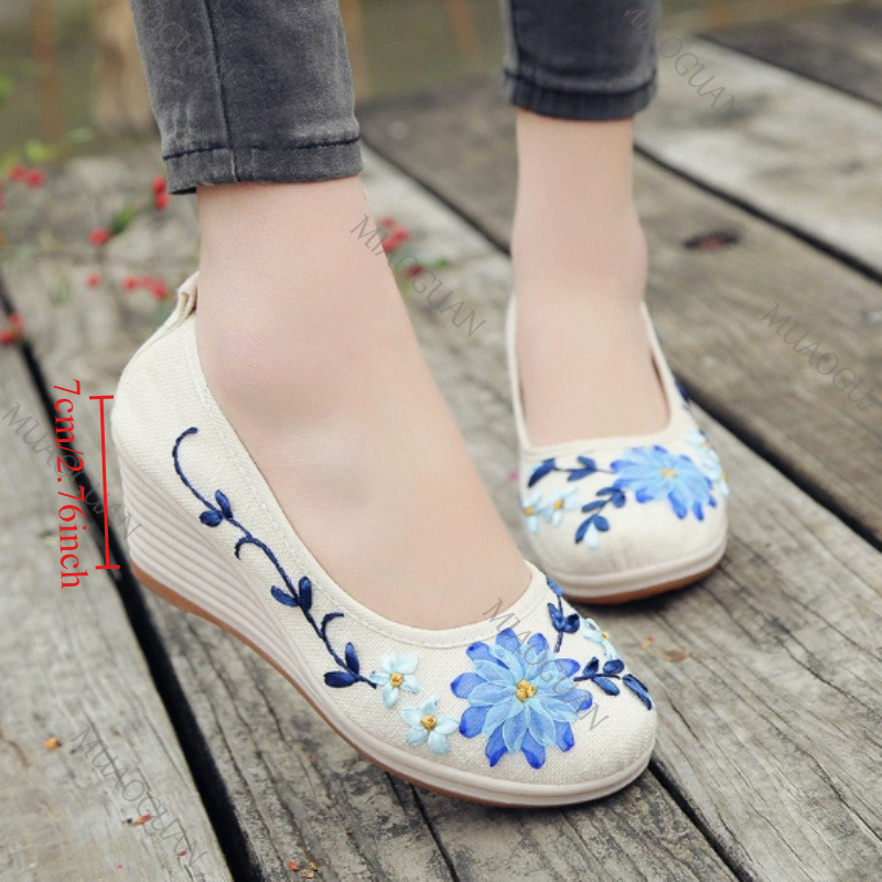 Vintage Fashion Female - Sepatu Platform Wedge Nyaman Wanita Bordir,