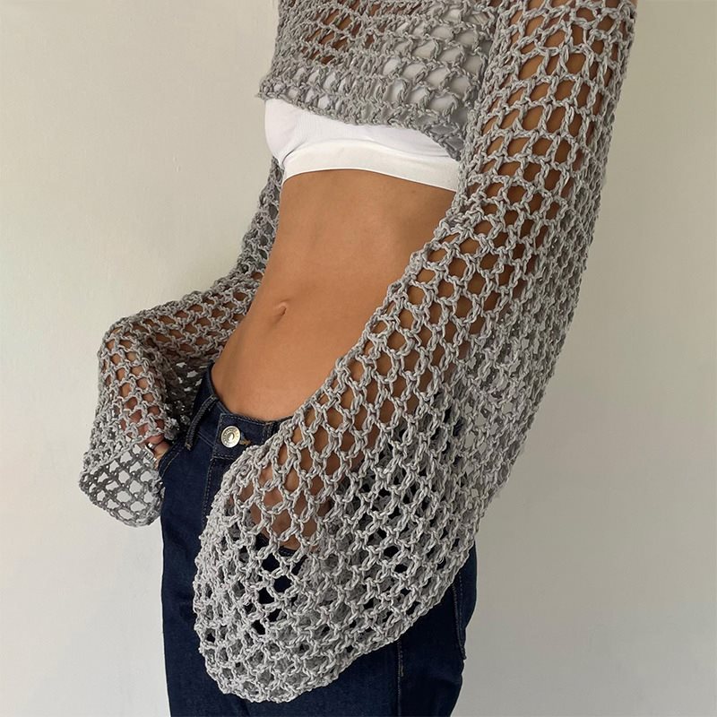 Crochet Top Boho - Atasan Crop rajut lengan panjang wanita,