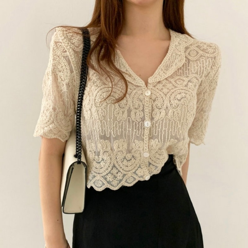 Crochet Top Boho - Blus bordir renda wanita, atasan kardigan