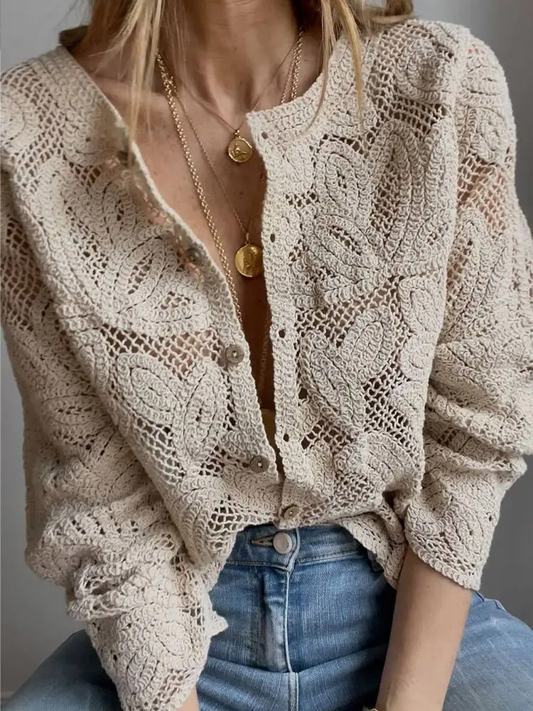 Crochet Top Boho - Blus Rajut Wanita Kancing Depan Bordir
