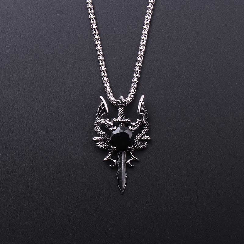 Vintage Fashion Necklace - Kalung Salib Permata Hitam Naga Ganda