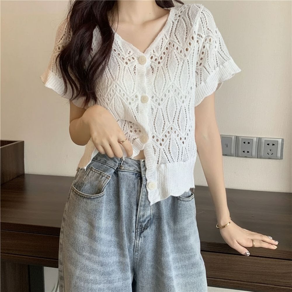 Atasan Rajut V-Neck Fashion Ga - Crochet Top Boho ulasan dan harga