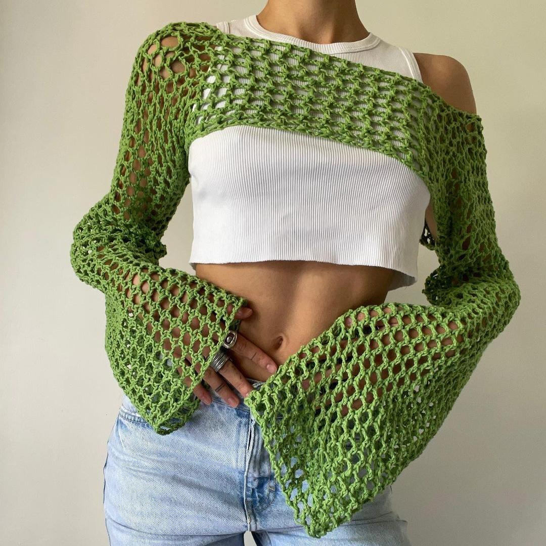 Atasan Crop rajut lengan panja - Crochet Top Boho ulasan dan harga