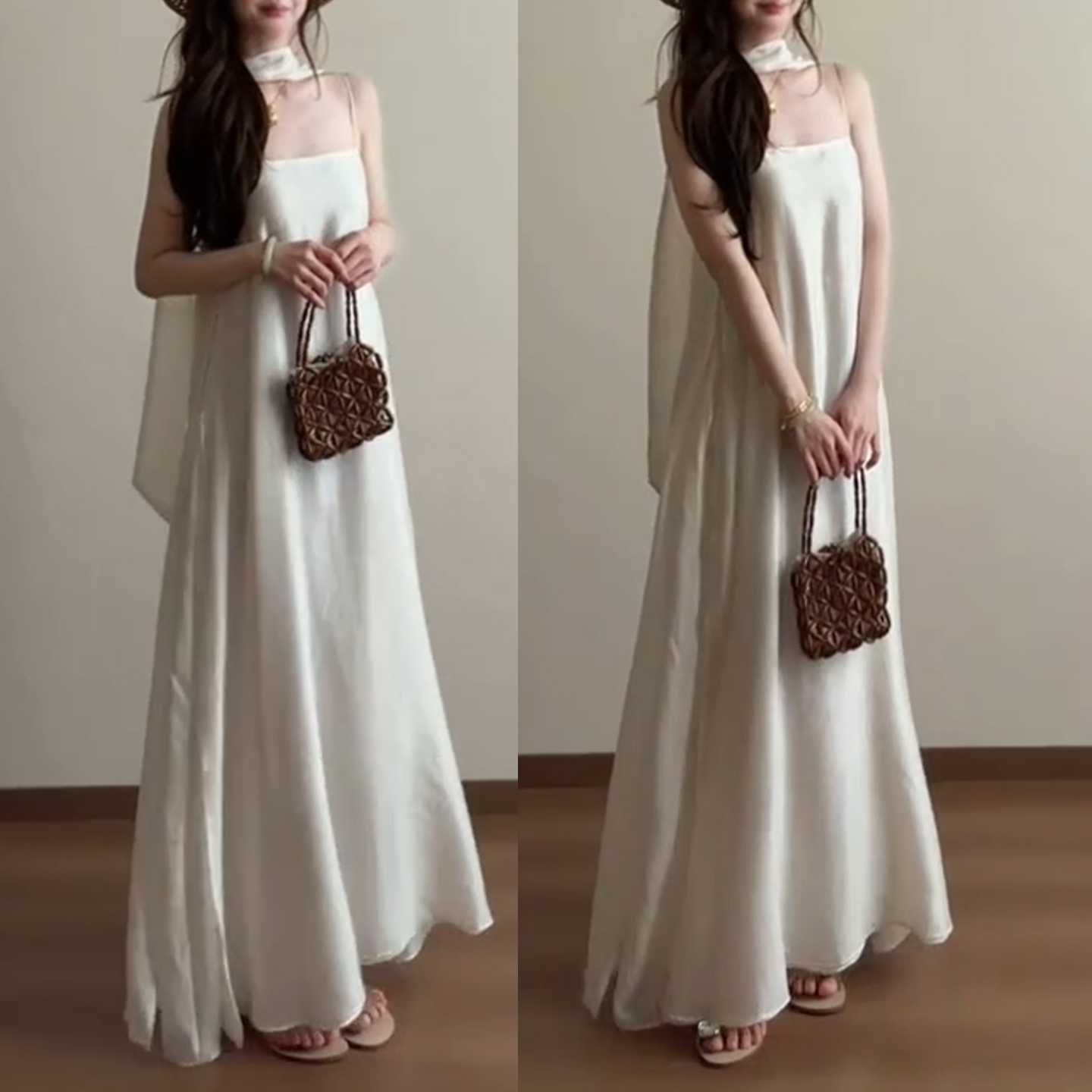 Gaun Maxi Tali Spaghetti Putih - Vintage Fashion Tiktok ulasan dan harga