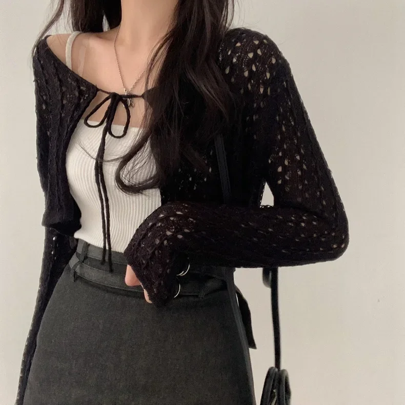 Kardigan Crop Depan Dasi Wanit - Crochet Top Boho ulasan dan harga